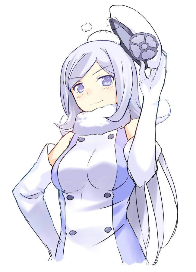aila_jyrkiainen bad_id bad_pixiv_id baozi bare_shoulders blush breasts cccpo dress elbow_gloves food food_on_head fur_trim gloves gundam gundam_build_fighters hat hat_removed headwear_removed large_breasts long_hair object_on_head silver_hair smile solo