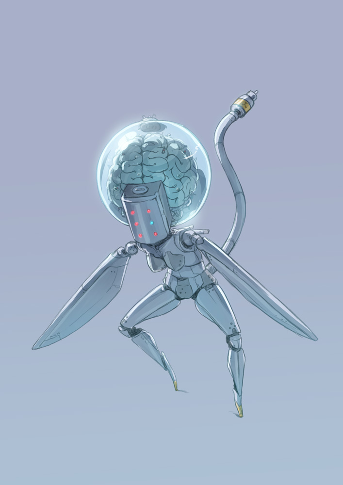 bad_pixiv_id brain cable cyborg grey_background no_humans nukomasu original outstretched_arms simple_background solo standing
