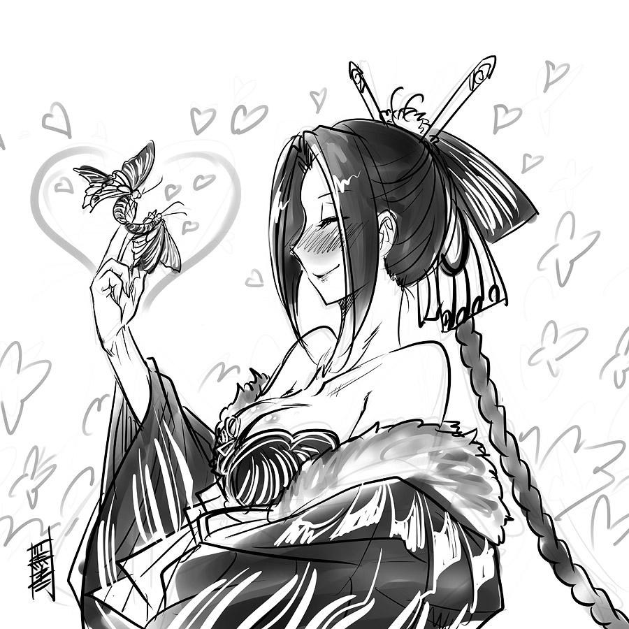antaria bare_shoulders blush breasts bug butterfly closed_eyes greyscale hair_ornament heart insect large_breasts lips monochrome signature sketch smile solo white_background