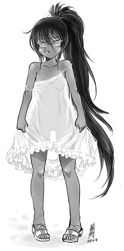 antaria blush chi_you chinese_mythology dark_skin dated greyscale long_hair monochrome pigeon-toed ponytail see-through signature solo thigh_gap very_long_hair white_background
