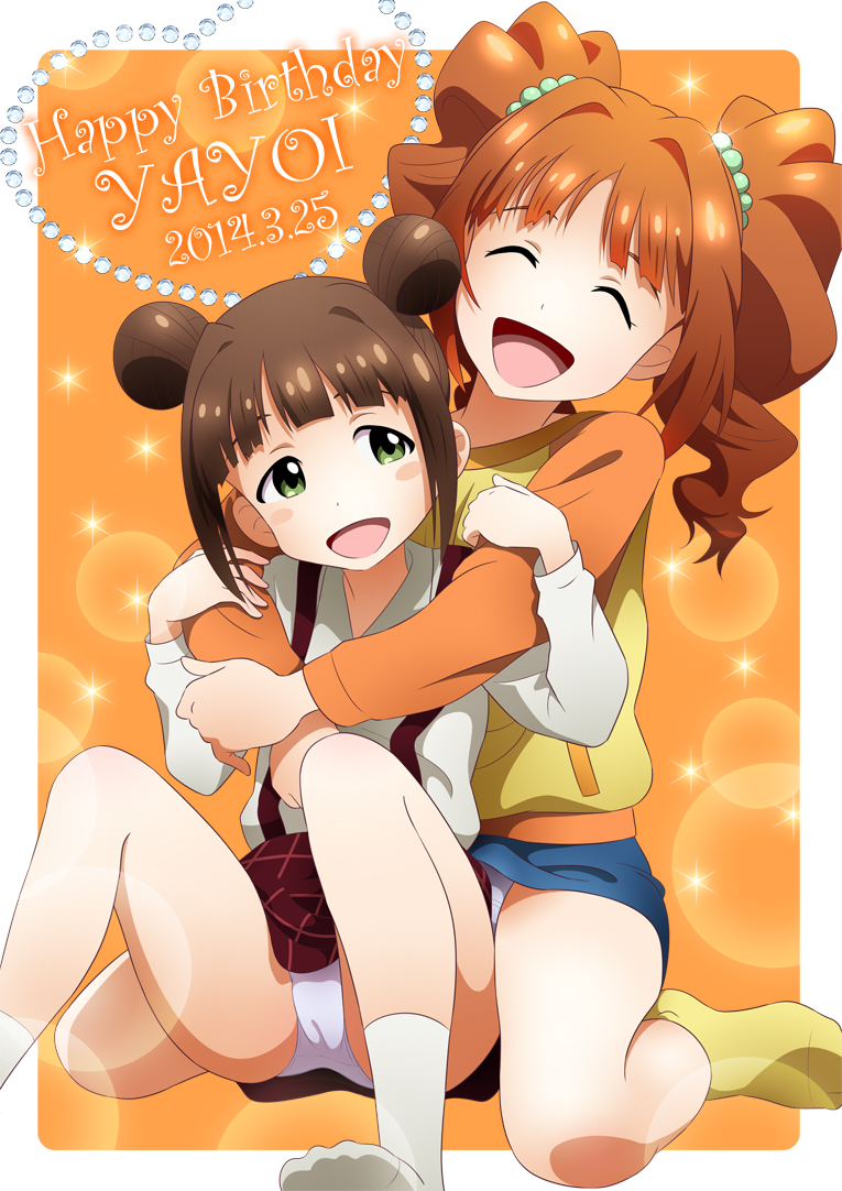 2girls :d bare_legs blush_stickers border brown_hair cameltoe character_name closed_eyes commentary_request dated diamond double_bun facing_another feet_out_of_frame food fruit green_eyes hair_intakes happy happy_birthday hug hug_from_behind idolmaster idolmaster_(classic) legs long_sleeves looking_at_another multiple_girls no_shoes number open_mouth orange orange_background orange_hair outside_border panties pantyshot pantyshot_(sitting) rounded_corners shirt siblings sisters sitting skirt smile socks sparkle sunsun69 suspenders takatsuki_kasumi takatsuki_yayoi tareme toe_seam twintails underwear upskirt white_border white_legwear white_panties yellow_legwear