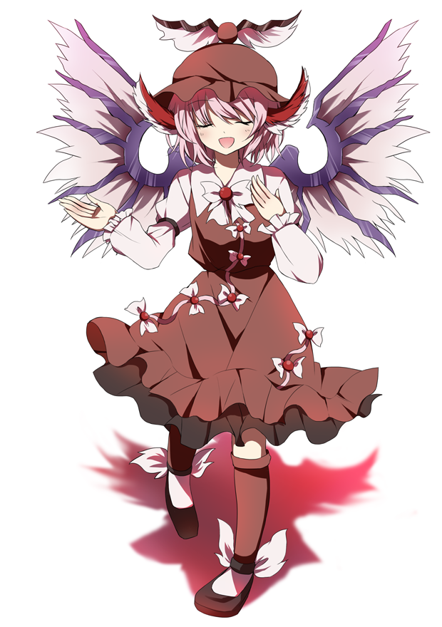 armband bad_id bad_pixiv_id bird_wings brown_dress closed_eyes dress facing_viewer hand_on_own_chest hand_up hat juliet_sleeves kneehighs long_sleeves mystia_lorelei nakukoroni open_mouth pink_hair puffy_sleeves shadow short_hair simple_background solo touhou white_background wings