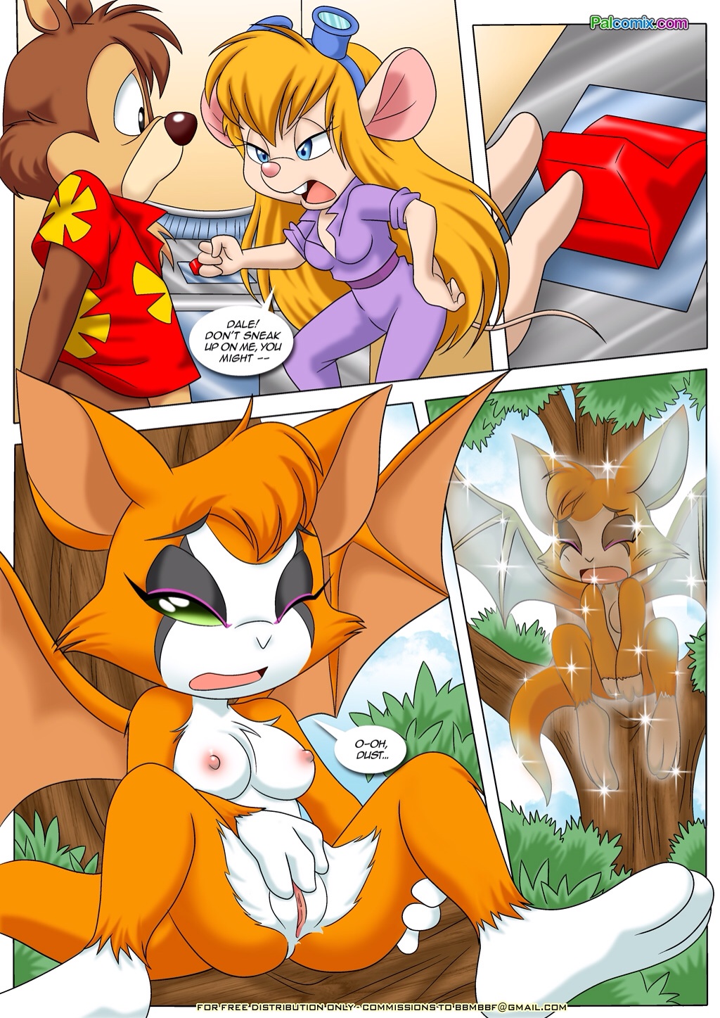 blonde_hair blue_eyes breasts chip_'n_dale_rescue_rangers chip_'n_dale_rescue_rangers clothing comic coveralls dale_(cdrr) dialog disney dust:_an_elysian_tail female fidget gadget_hackwrench hair long_hair male mammal masturbation mouse palcomix pussy rodent text video_games