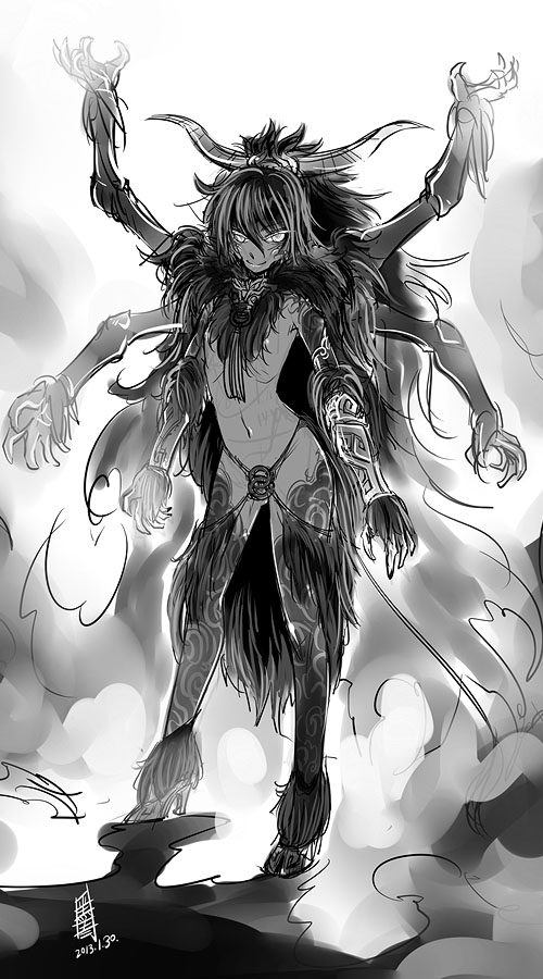antaria chi_you chinese_mythology dark_skin dated greyscale high_heels horns long_hair monochrome monster_girl multiple_arms navel signature sketch solo topless very_long_hair