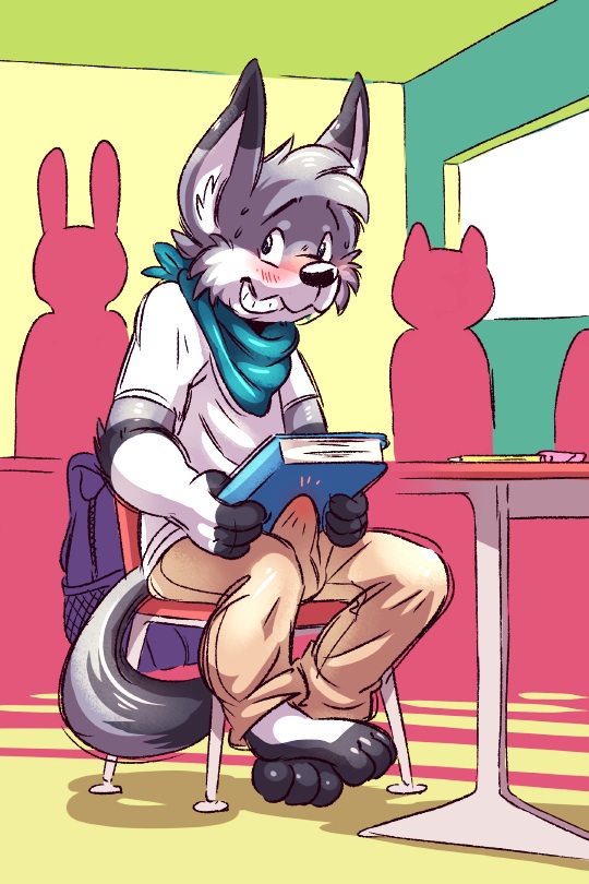 backpack bandanna blush book bulge canine chair clothing embarrassed erection fur grey_fur male mammal pants pencil penis public school seaside_(artist) sitting solo wolf