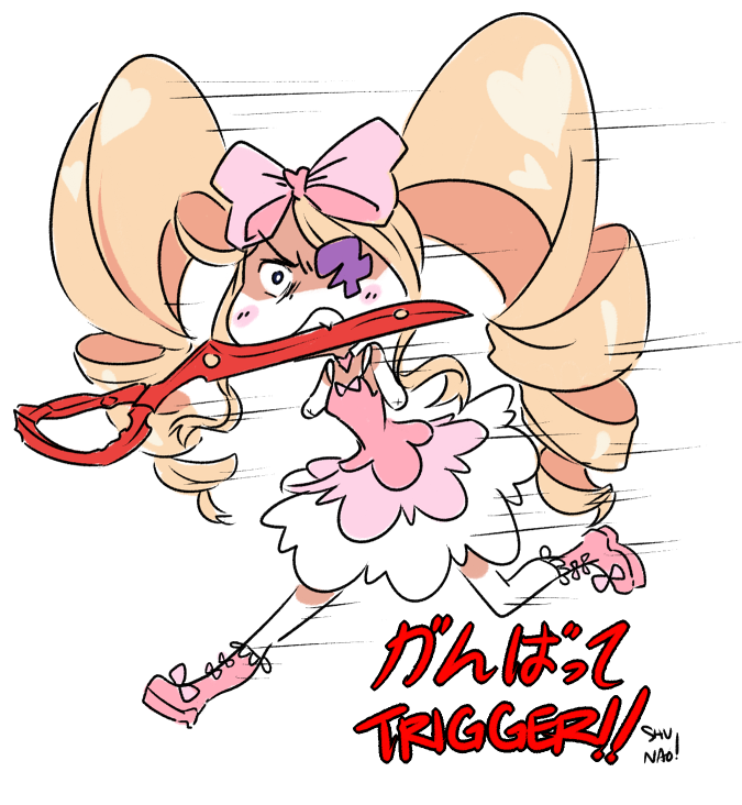 amputee angry blonde_hair blush_stickers boots bow double_amputee dress drill_hair eyepatch hair_bow harime_nui kill_la_kill long_hair lyn_(shunao) mouth_hold no_arms pink_bow pink_footwear running scissor_blade solo spoilers twin_drills twintails