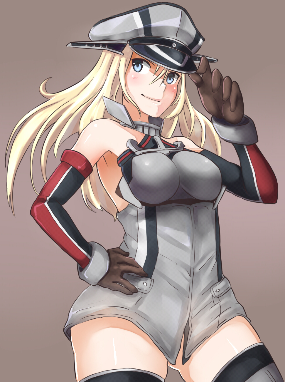 antennae armpits bare_shoulders bismarck_(kantai_collection) black_legwear blue_eyes breasts brown_gloves detached_sleeves gloves grey_background hand_on_headwear hand_on_hip hat highres kantai_collection kz_(kazuma-rising) large_breasts long_hair looking_at_viewer naked_shirt sailor_hat shirt simple_background smirk solo thighhighs zettai_ryouiki