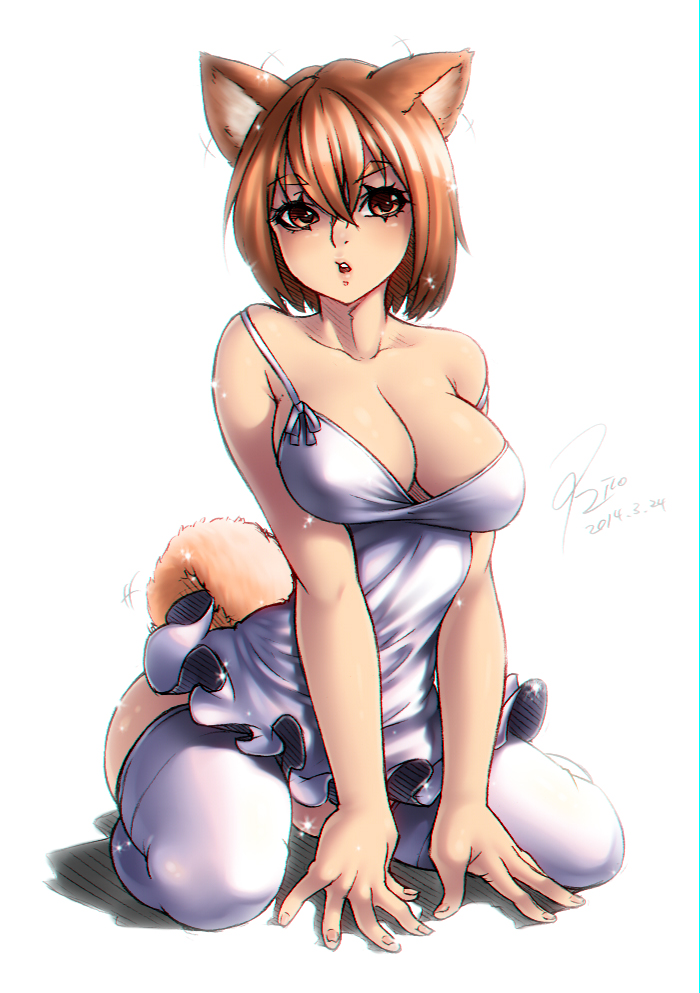 2014 all_fours animal_ears bad_id bad_pixiv_id bare_shoulders blush breasts brown_eyes brown_hair dated eyebrows large_breasts open_mouth original short_hair signature simple_background sitting solo squirrel_ears squirrel_tail strap_slip tail thighhighs wariza white_background white_legwear yin-ting_tian