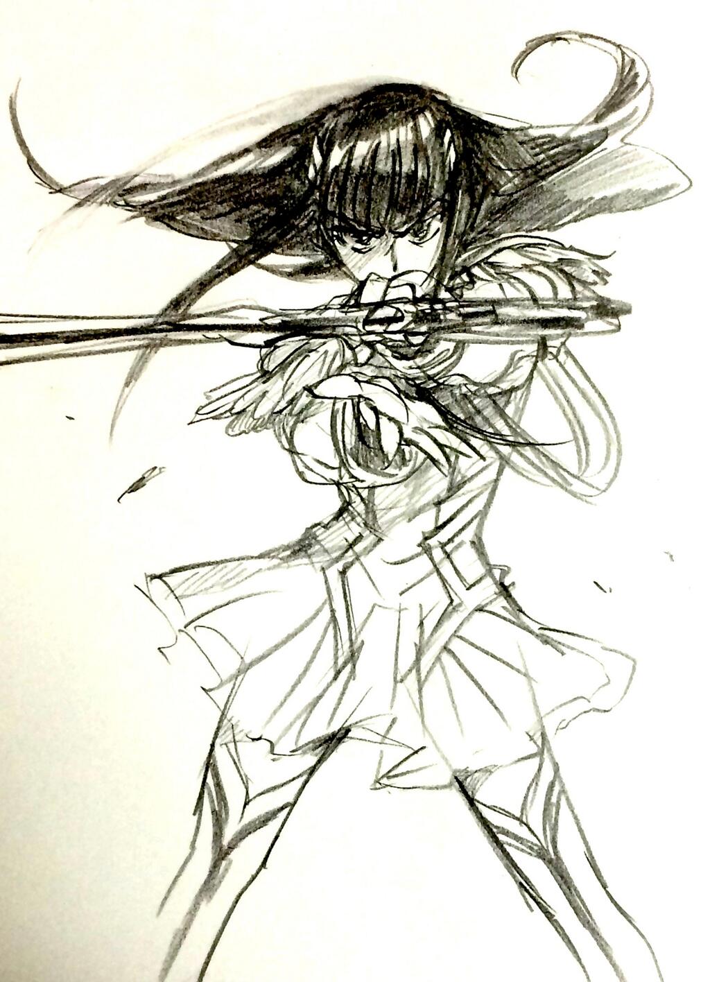 1girl commentary_request highres kill_la_kill kiryuuin_satsuki long_hair looking_at_viewer monochrome outstretched_arms pokira scissor_blade sketch solo thigh_belt thigh_strap wind_lift