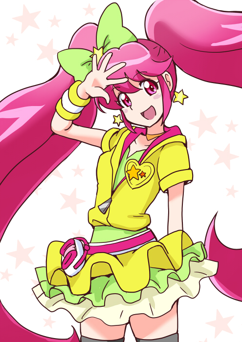 :d aino_megumi arm_up bakusai bow choker cure_lovely earrings hair_bow happinesscharge_precure! hood hoodie jewelry lollipop_hip_hop long_hair magical_girl open_mouth pink_eyes pink_hair precure skirt smile solo star star_earrings thighhighs twintails white_background yellow_skirt zettai_ryouiki