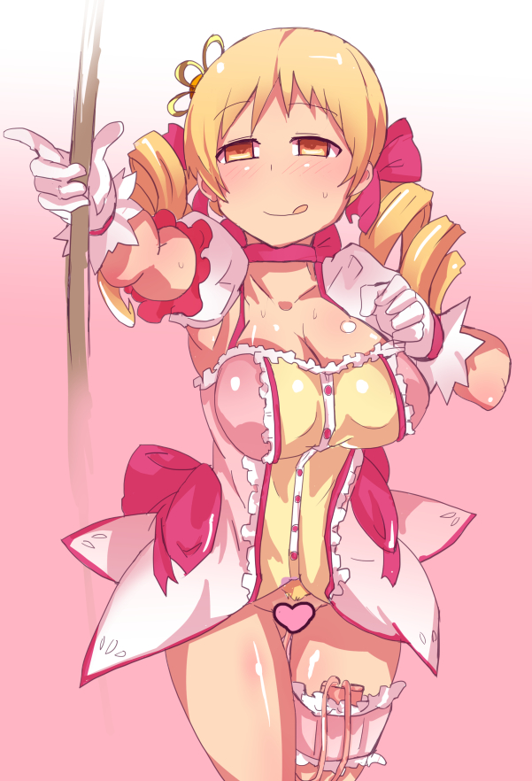 :q blonde_hair blush bow_(weapon) breasts censored cleavage cosplay cowboy_shot drawing_bow drill_hair gedou_danshaku gloves heart heart_censor kaname_madoka kaname_madoka_(cosplay) large_breasts magical_girl mahou_shoujo_madoka_magica pussy skirt solo sweat thighhighs tomoe_mami tongue tongue_out twin_drills twintails vibrator vibrator_in_thighhighs weapon yellow_eyes