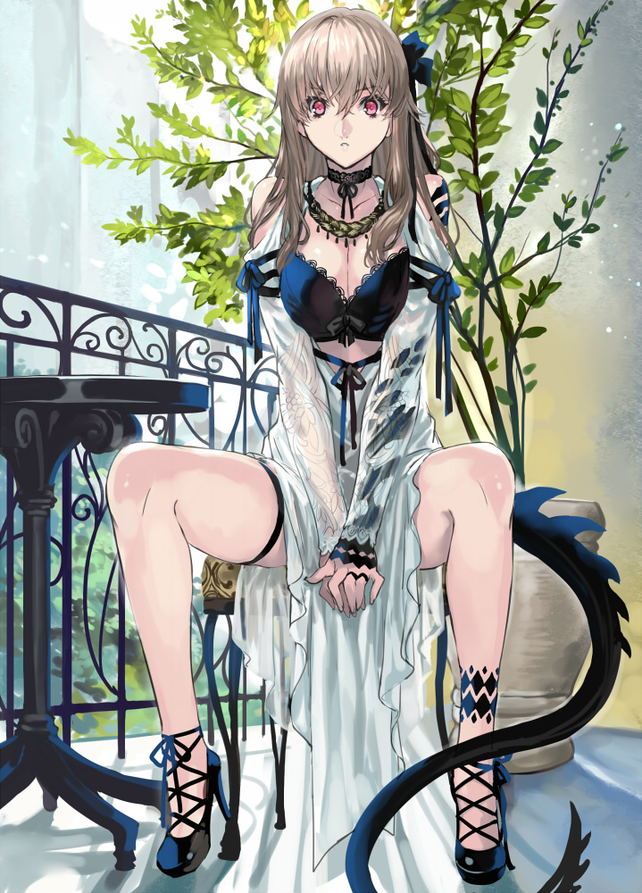 breasts brown_hair choker cleavage high_heels large_breasts long_hair looking_at_viewer monster_girl original parted_lips plant potted_plant ran'ou_(tamago_no_kimi) red_eyes sitting solo tail v_arms