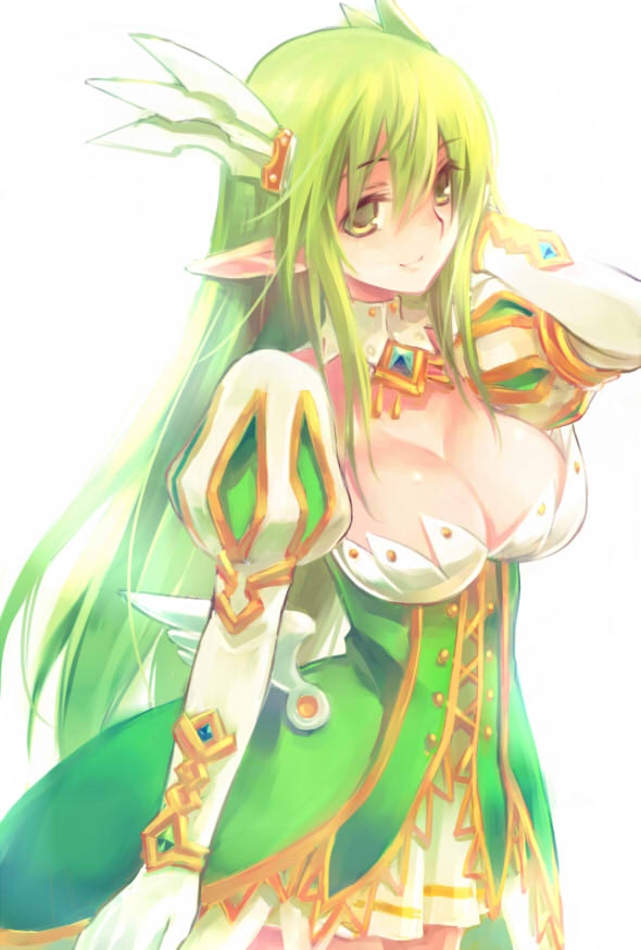 arm_up breasts cleavage detached_collar elf elsword gloves grand_archer_(elsword) green_eyes green_hair hair_ornament large_breasts long_hair looking_at_viewer pointy_ears rena_(elsword) smile solo wanko_(takohati8) white_background