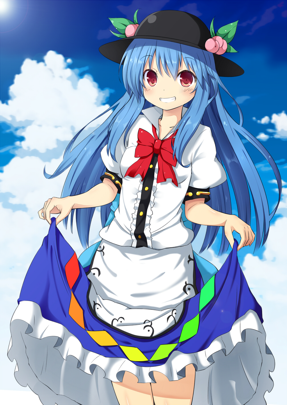 blue_hair blue_sky boushi_(nandemo) bow cloud curtsey day dress food fruit grin hat highres hinanawi_tenshi layered_dress leaf long_hair looking_at_viewer peach puffy_short_sleeves puffy_sleeves red_eyes short_sleeves skirt skirt_hold sky smile solo touhou