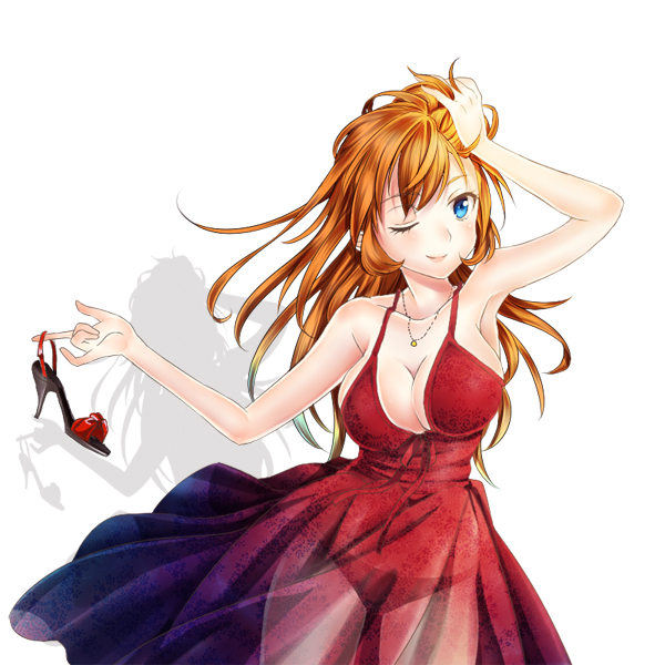 armpits blue_eyes breasts charlotte_e_yeager cleavage dress evening_gown high_heels jewelry large_breasts long_hair messy_hair necklace one_eye_closed orange_hair panties see-through smile solo strike_witches totonii_(totogoya) underwear world_witches_series