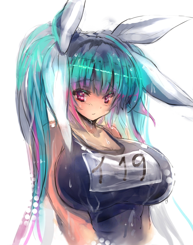 aqua_hair blush breasts competition_swimsuit gond gradient_hair hair_ribbon huge_breasts i-19_(kantai_collection) kantai_collection long_hair multicolored_hair one-piece_swimsuit pink_eyes pink_hair ribbon school_swimsuit solo swimsuit twintails upper_body v_arms white_background