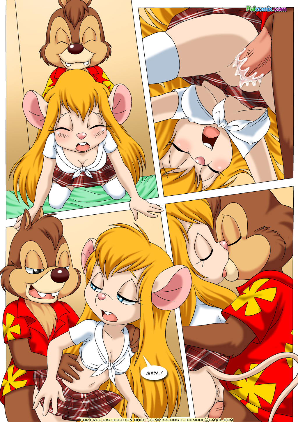 blonde_hair blush bottomless butt chip_'n_dale_rescue_rangers chip_'n_dale_rescue_rangers comic dale_(cdrr) dialog disney doggystyle erection eyes_closed female from_behind gadget_hackwrench hair kissing legwear long_hair looking_back male mammal mouse open_mouth palcomix penetration penis pussy pussy_juice rodent school_uniform schoolgirl_uniform sex skirt stockings straight text tongue vaginal vaginal_penetration vein veiny_penis