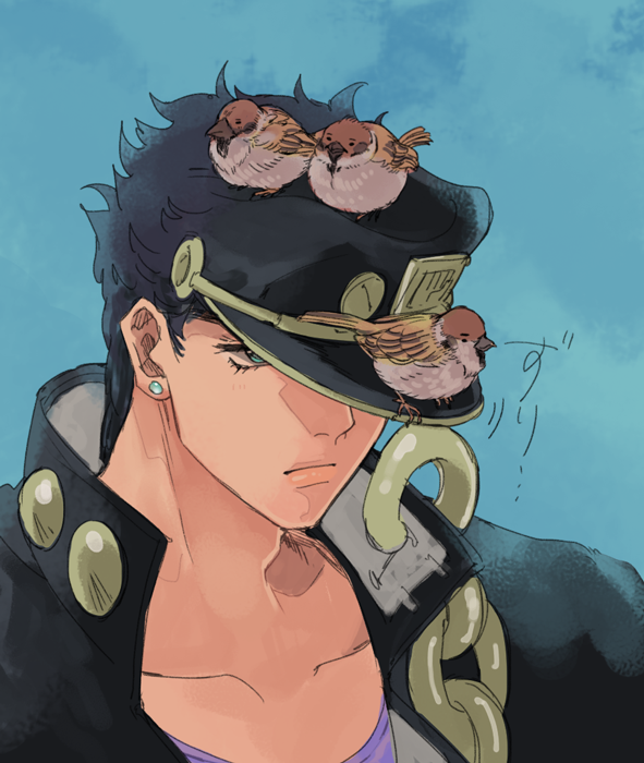 bird black_hair green_eyes halu-ca hat jojo_no_kimyou_na_bouken kuujou_joutarou male_focus solo sparrow