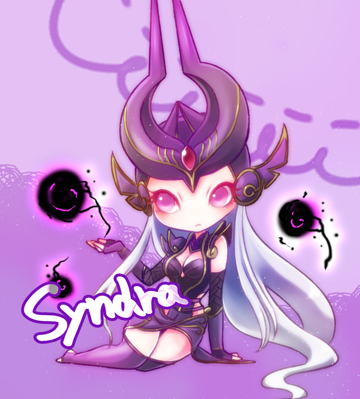 breasts character_name cleavage dress fingerless_gloves frown gloves helmet league_of_legends long_hair medium_breasts mizoreame pink_eyes purple_dress solo syndra white_hair