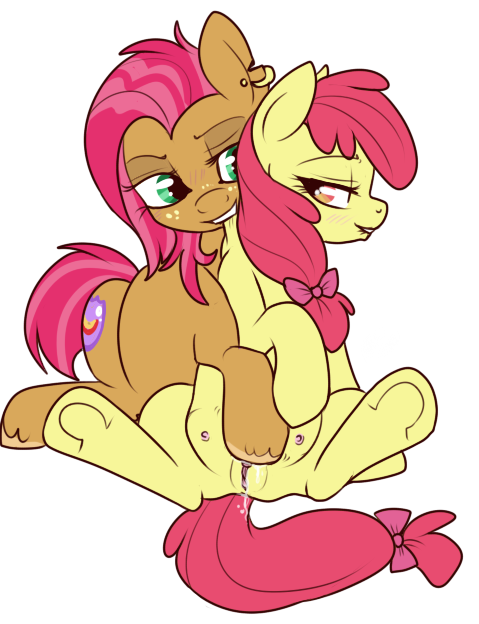 alpha_channel apple_bloom_(mlp) babs_seed_(mlp) bite brown_fur cutie_mark equine female freckles friendship_is_magic fur green_eyes hair horse incest lesbian lulubell mammal my_little_pony older orange_eyes plain_background pony pussy pussy_juice red_hair rubbing teats transparent_background two_tone_hair yellow_fur