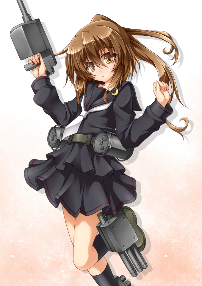 :o black_legwear brown_eyes brown_hair crescent fumizuki_(kantai_collection) kantai_collection kneehighs looking_at_viewer necktie ponytail roura school_uniform serafuku skirt solo weapon white_neckwear