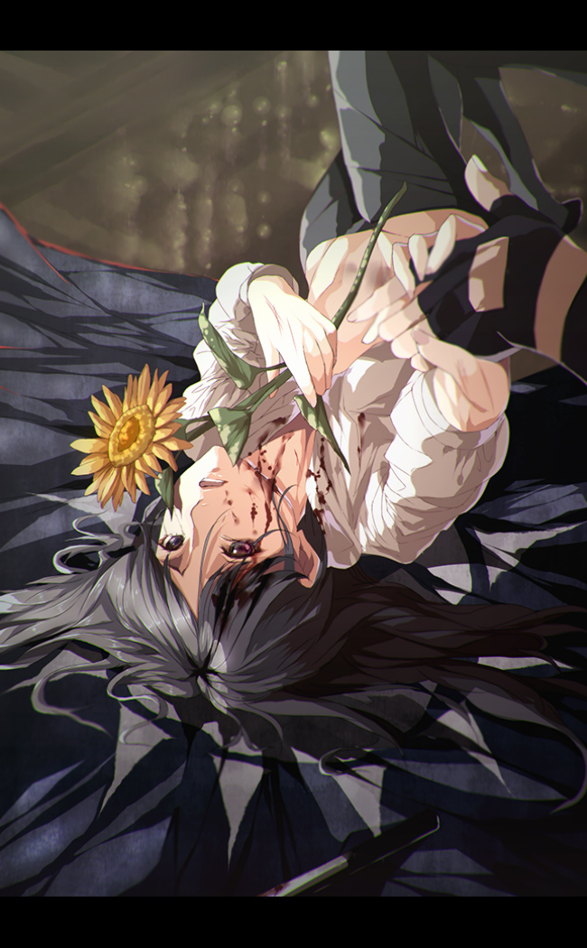 banned_artist black_hair blood brown_eyes dying fingerless_gloves flower gloves holding holding_hand holding_hands letterboxed long_hair lying on_back open_mouth original solo_focus sunflower viola_(seed)