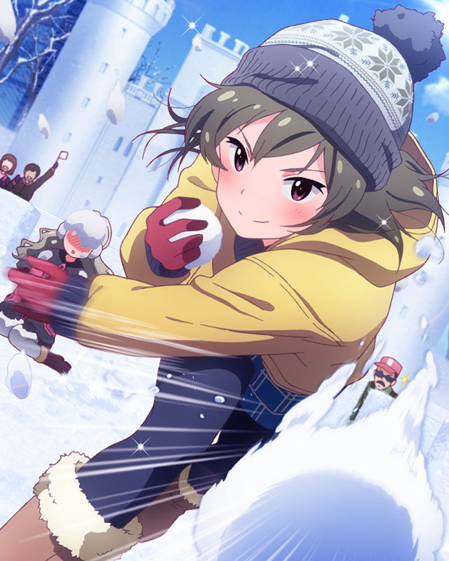 &gt;:) action beanie blush boots brown_hair handa_roko hat idolmaster idolmaster_million_live! jacket looking_at_viewer multiple_girls nagayoshi_subaru official_art pantyhose smile snow snow_sculpture snowball snowball_fight v-shaped_eyebrows winter_clothes