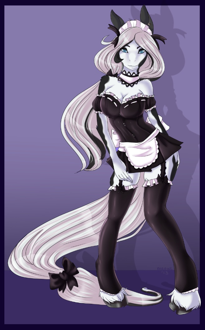 abstract_background anthro bow clothed clothing equine female fur hair horse long_hair looking_at_viewer maid maid_uniform mammal mrawl skimpy smile solo stockings