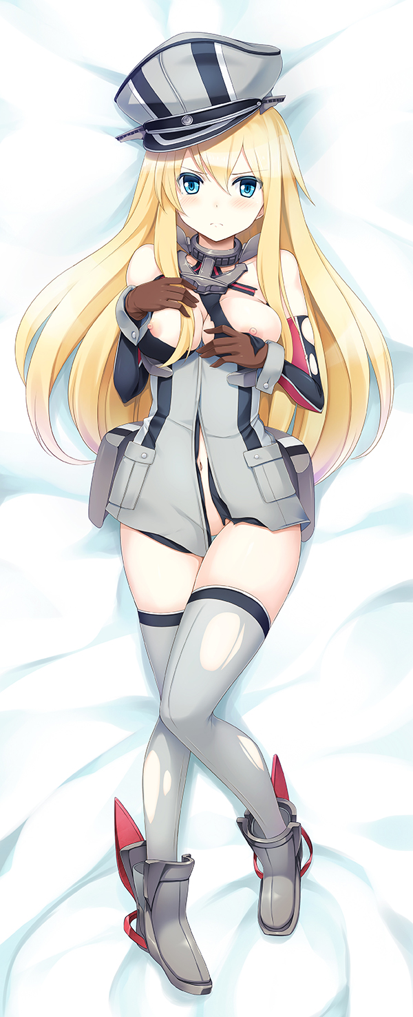 bismarck_(kantai_collection) blonde_hair blue_eyes breasts hat highres kantai_collection large_breasts long_hair military_hat navel nipples no_panties solo sorano_(12gou) thighhighs torn_clothes torn_legwear