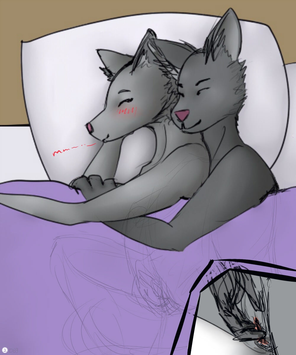 anthro bed blush canine colored comic couple covering cuddling dominion69 duo eyes_closed female fingering fluffy_ears fur grey_fur handjob male mammal morning pillow reach_around romantic sleeping snout spooning teasing were werewolf