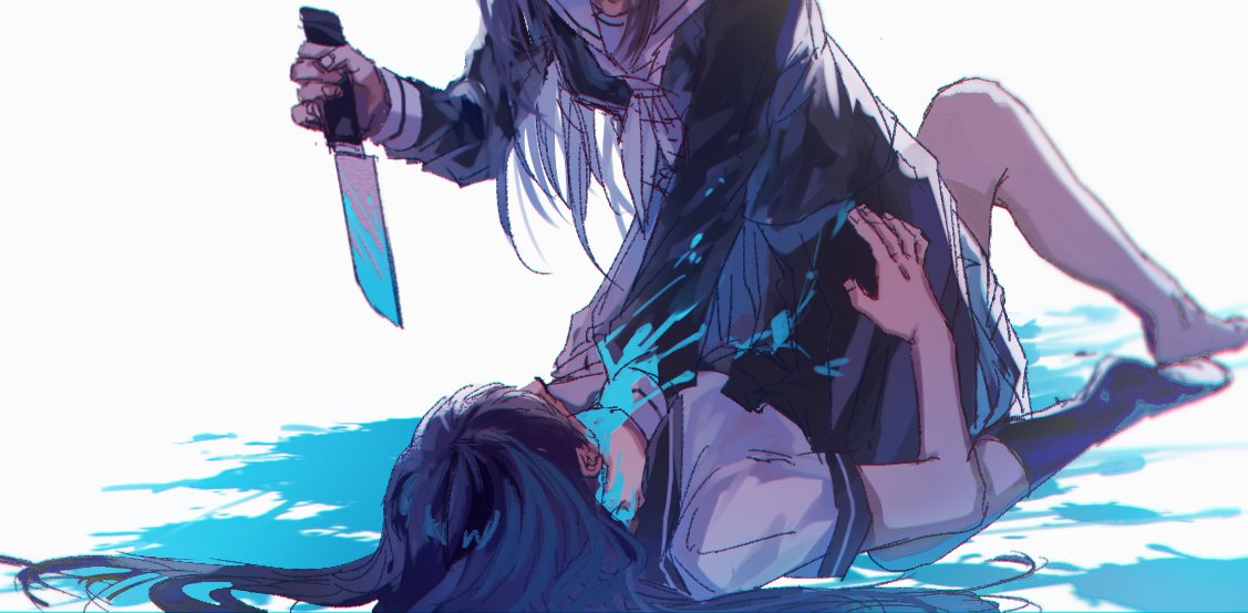 2girls barefoot black_hair black_serafuku black_skirt blood blood_on_ground blood_splatter bloody_clothes bloody_hands bloody_knife blue_blood brown_hair commentary_request danjou_sora facing_another hair_spread_out hand_on_another's_neck head_out_of_frame holding holding_knife holding_weapon kneehighs knife long_hair long_sleeves lying multicolored_hair multiple_girls navy_blue_legwear no_shoes on_back original pleated_skirt sailor_collar school_uniform serafuku short_sleeves silver_hair simple_background skirt straddling strangling two-tone_hair weapon white_background white_sailor_collar white_serafuku