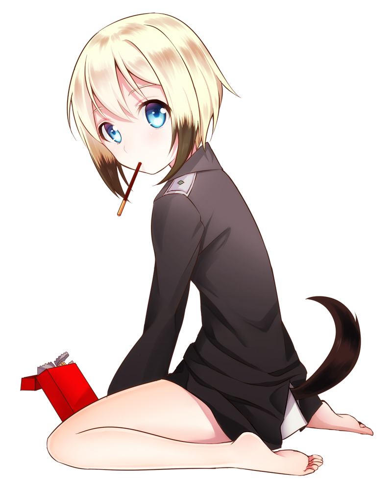 barefoot blonde_hair blue_eyes brown_hair dog_tail eating erica_hartmann feet food looking_at_viewer military military_uniform mouth_hold multicolored_hair pocky short_hair sitting solo strike_witches tail totonii_(totogoya) uniform wariza world_witches_series