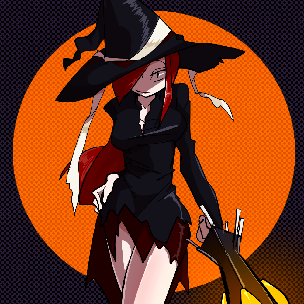 1girl alternate_costume bare_legs costume female hair_over_one_eye halloween hat lipstick long_hair makeup parasoul_(skullgirls) red_eyes red_hair skullgirls solo torn_clothes umbrella witch witch_hat