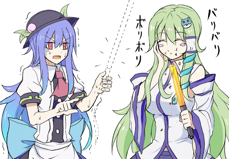 :t ^_^ ascot blue_hair blush_stickers closed_eyes commentary detached_sleeves eating food food_themed_clothes frog_hair_ornament fruit gradient_hair green_hair hair_ornament hair_tubes hat hinanawi_tenshi kenuu_(kenny) kochiya_sanae long_hair multicolored_hair multiple_girls open_mouth outline peach pointing red_eyes snake_hair_ornament sword_of_hisou touhou trembling very_long_hair