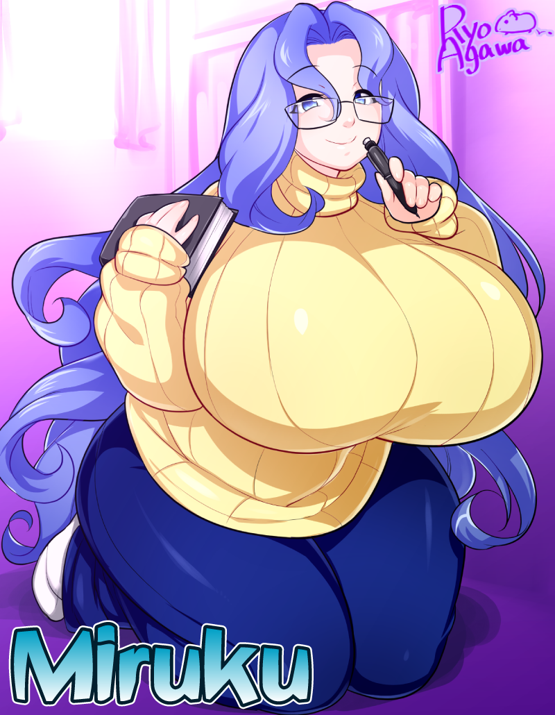 1girl agawa_ryou blue_eyes blue_hair book borrowed_character breasts character_name gigantic_breasts glasses pen plump sweater