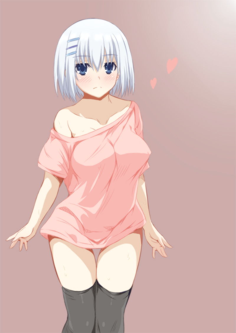 alternate_breast_size bad_id bad_pixiv_id bare_shoulders black_legwear blue_eyes blush bottomless breasts covered_nipples date_a_live hair_ornament hairclip heart inui_sanagi large_breasts naked_shirt no_bra off_shoulder oversized_clothes shirt short_hair silver_hair simple_background solo t-shirt thighhighs tobiichi_origami