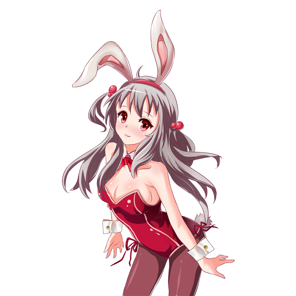 animal_ears bad_id bad_pixiv_id bow bowtie bunny_ears bunny_tail bunnysuit detached_collar grey_hair long_hair moe_(450367098) original pantyhose red_eyes solo tail two_side_up wrist_cuffs