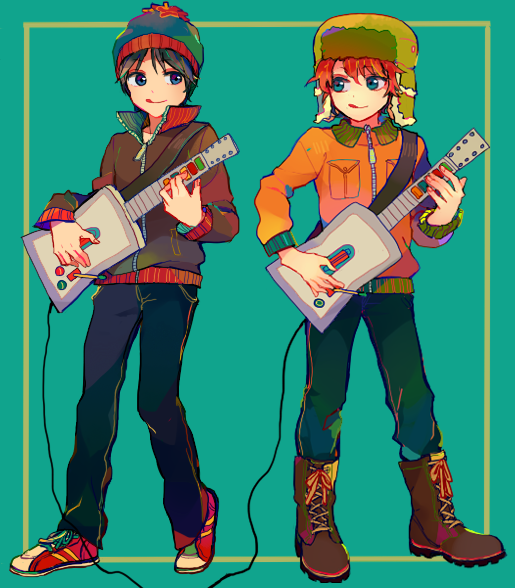 bad_id bad_pixiv_id black_hair blue_eyes eye_contact guitar guitar_hero hat instrument jacket kyle_broflovski looking_at_another male_focus multiple_boys pepocopranodon red_hair smile south_park stan_marsh standing tongue