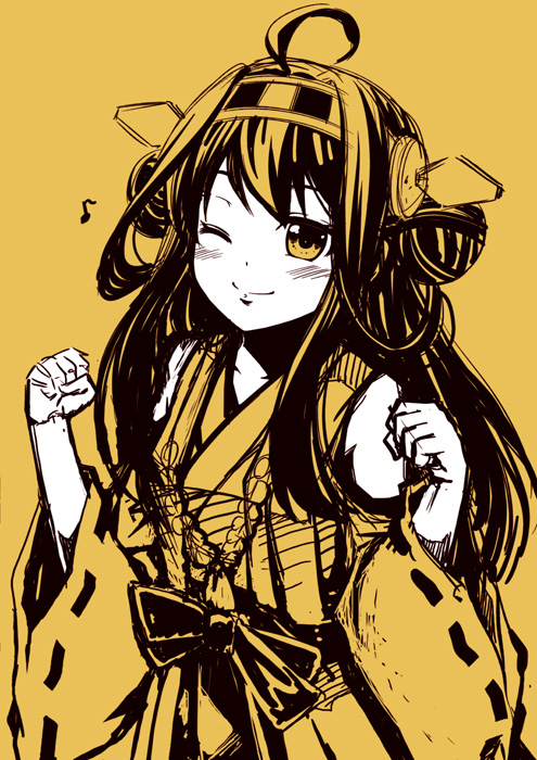 ahoge bare_shoulders blush eighth_note hairband kantai_collection kongou_(kantai_collection) kouji_(campus_life) long_hair looking_at_viewer monochrome musical_note nontraditional_miko one_eye_closed simple_background smile solo spot_color wide_sleeves yellow yellow_background