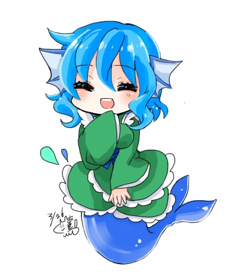 bad_id bad_pixiv_id blue_hair chibi dated hand_up head_fins japanese_clothes kimono long_sleeves mermaid monster_girl open_mouth short_hair signature simple_background sleeves_past_wrists solo soreeyu_(sore-yu) squinting touhou wakasagihime water_drop white_background wide_sleeves
