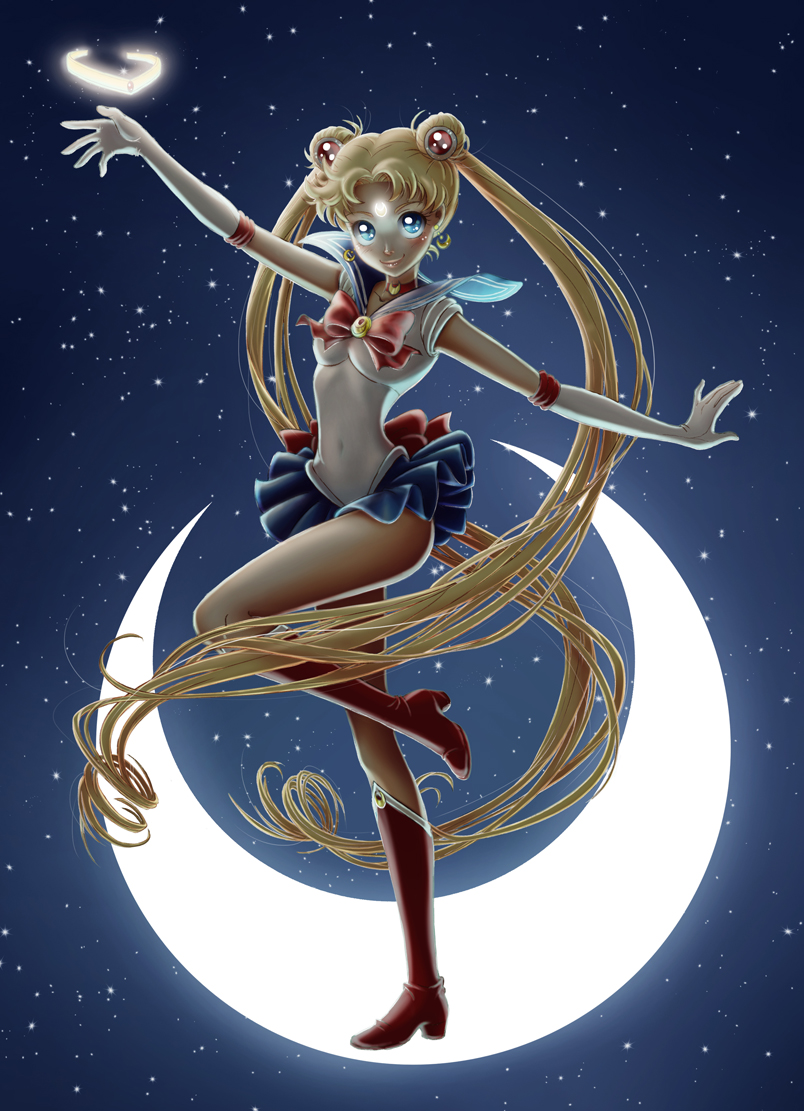 back_bow bishoujo_senshi_sailor_moon blonde_hair blue_eyes blue_sailor_collar boots bow choker circlet commentary crescent_moon double_bun earrings elbow_gloves gloves hair_ornament headwear_removed jewelry knee_boots long_hair magical_girl moon navel outstretched_arms red_bow red_choker sailor_collar sailor_moon sailor_senshi_uniform sarah_stowasser skirt smile solo star tsukino_usagi twintails very_long_hair white_gloves