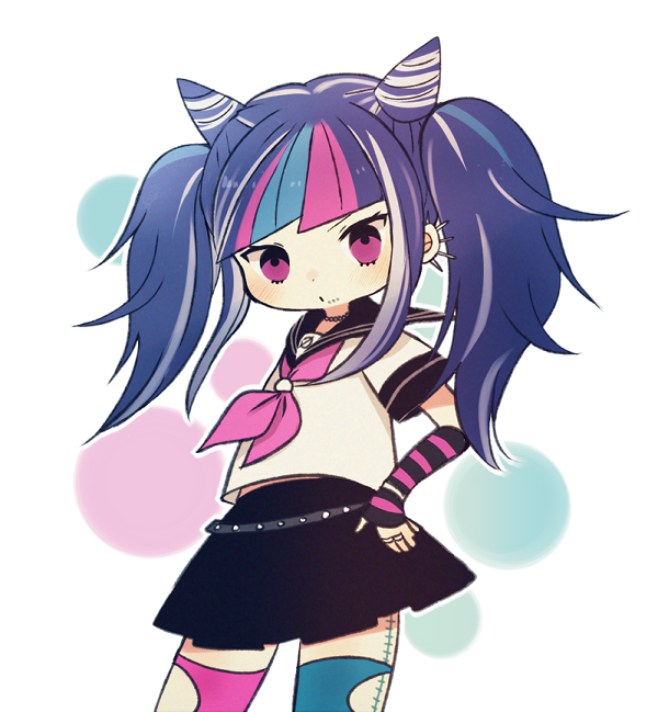 alternate_hairstyle ayu_(mog) bad_id bad_pixiv_id black_hair blue_hair danganronpa ear_piercing hand_on_hip lip_piercing long_hair mioda_ibuki multicolored_hair piercing pink_eyes pink_hair school_uniform serafuku skirt solo super_danganronpa_2 thighhighs twintails