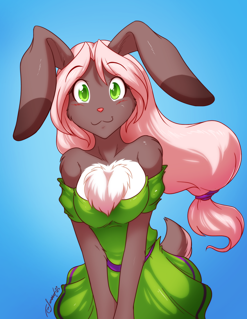 blush breasts chest_fur chest_tuft clothing cute female fur green_eyes lagomorph mammal rabbit skirt smile taffy tom_fischbach tuft