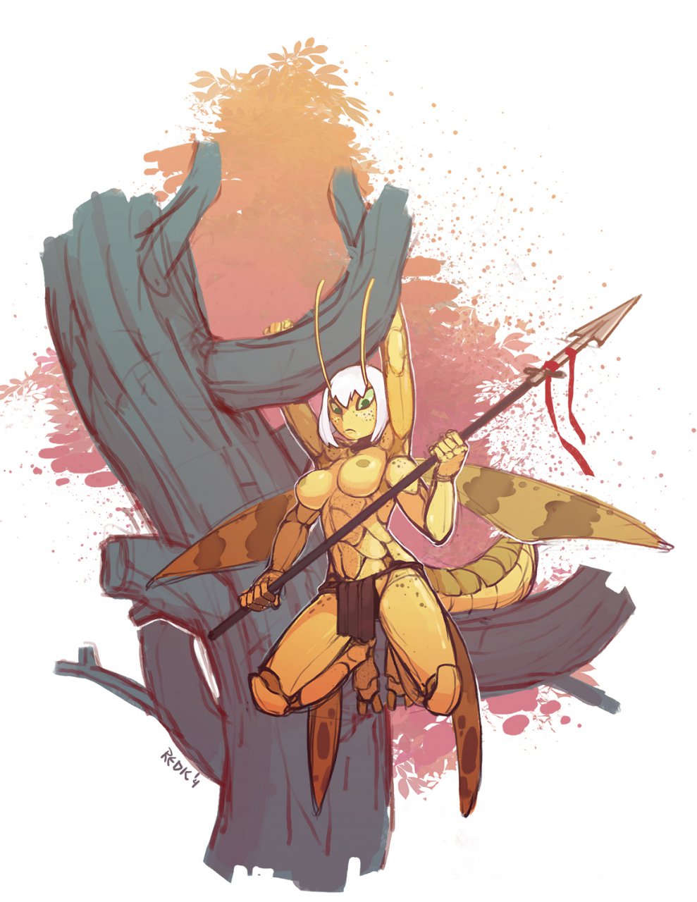 breasts female hair insect loincloth multi_limb multiple_arms polearm redic-nomad solo spear topless tree weapon white_hair