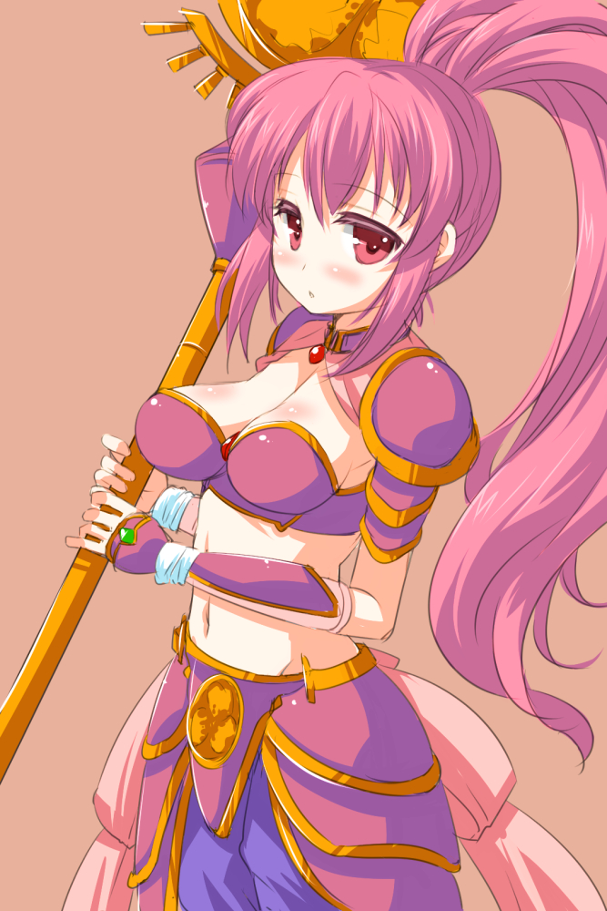 1girl armor blush breasts female fujiyama_takashi large_breasts long_hair pink_eyes pink_hair ponytail shiny shiny_skin staff