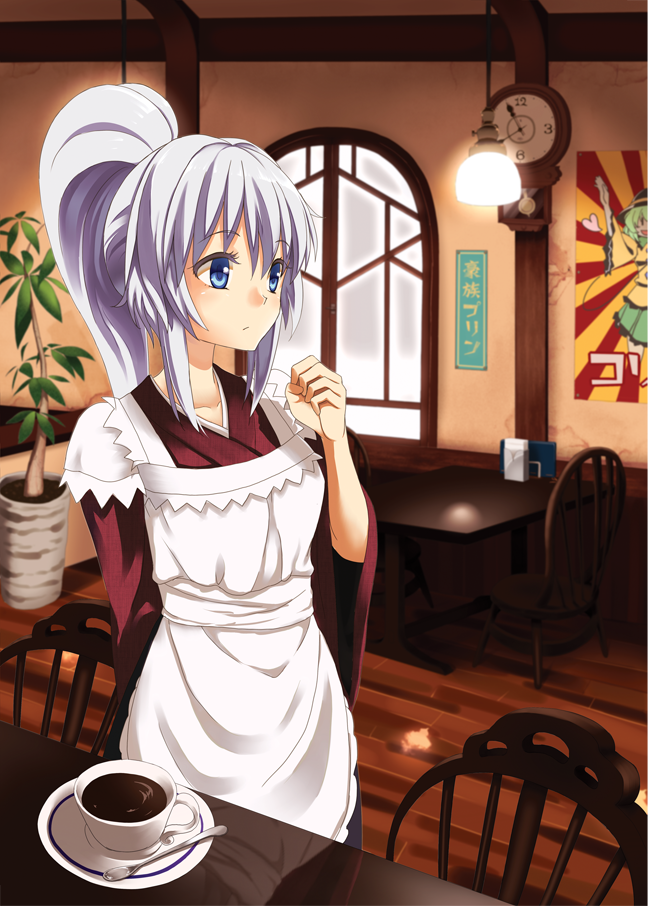 alternate_costume apron blue_eyes cafe chair clock cup green_hair japanese_clothes komeiji_koishi lamp long_sleeves maid_apron mononobe_no_futo nas_(nassy58) no_hat no_headwear plant ponytail poster_(object) potted_plant restaurant shirt silver_hair skirt solo table teacup touhou wa_maid waitress wide_sleeves window