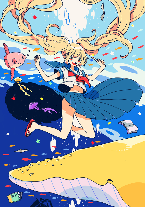 :d abstract_background afloat animal bangs bare_legs blonde_hair blue_eyes book bubble fish floating_hair jellyfish keishin long_hair long_skirt midriff multicolored multicolored_eyes navel open_mouth original pink_eyes pleated_skirt sandals school_uniform serafuku shirt_lift skirt smile solo star sunfish twintails very_long_hair water whale
