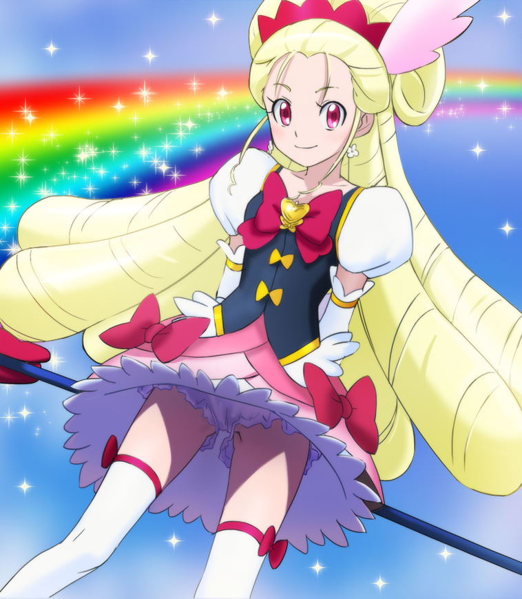blonde_hair bloomers blue_background bow bowtie brooch cure_art drawer drill_hair earrings feathers flower_earrings hair_feathers happinesscharge_precure! haruyama_kazunori headdress jewelry light_particles light_smile long_hair looking_at_viewer magical_girl panties pantyshot pink_bow pink_eyes pole precure puffy_sleeves rainbow rainbow_background solo thighhighs underwear upskirt vest white_legwear white_panties
