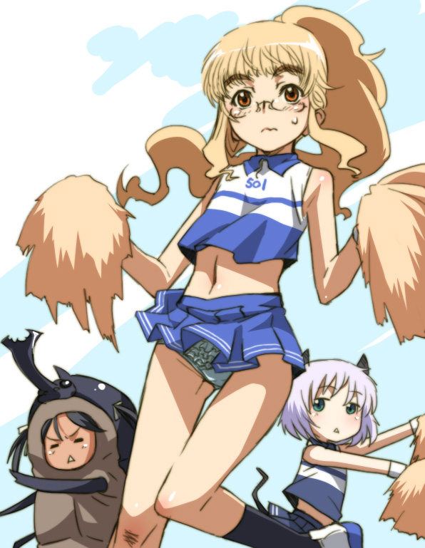 =_= alternate_hairstyle animal_costume animal_ears aqua_eyes beetle black_hair blonde_hair bug cat_ears cat_tail cheerleader closed_eyes costume eyebrows francesca_lucchini frilled_panties frills glasses insect looking_at_viewer midriff multiple_girls navel panties perrine_h_clostermann pom_poms ponytail red_eyes rhinoceros_beetle sanya_v_litvyak silver_hair strike_witches sweatdrop tabigarasu tail thick_eyebrows triangle_mouth twintails underwear wavy_mouth world_witches_series