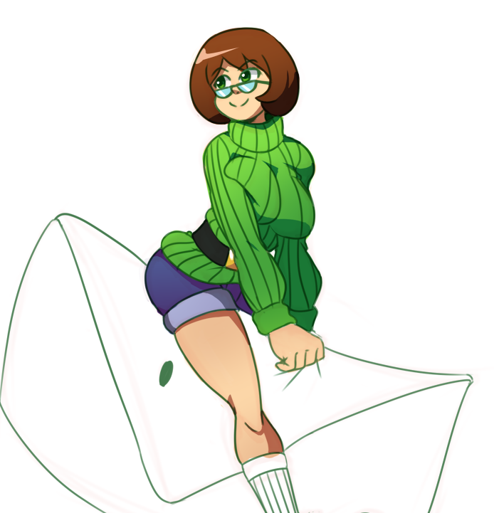 belt breasts brown_hair glasses green-framed_eyewear green_shirt large_breasts letter nikki_(swapnote) ribbed_sweater shining_dazzler shirt short_hair shorts smile solo swapnote sweater turtleneck
